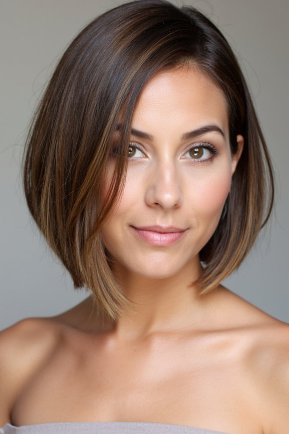 42+ Flattering Short Hairstyles for Long Faces in 2025 30 angled bob with highlights