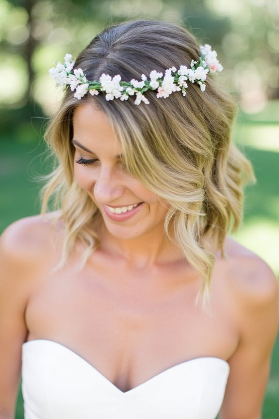 34+ Gorgeous Short Wedding Hairstyles and Bridal Hair Ideas in 2025 93 beachy waves floral crown