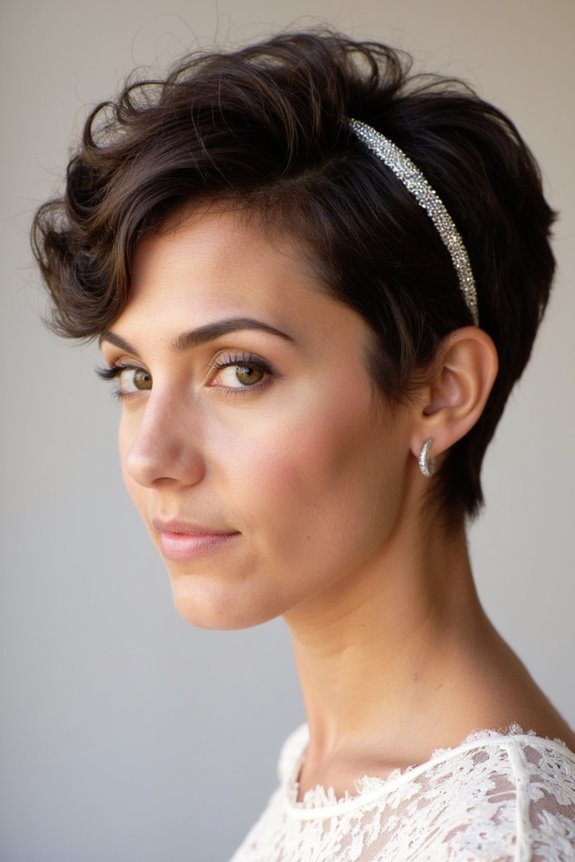 34+ Gorgeous Short Wedding Hairstyles and Bridal Hair Ideas in 2025 65 curly pixie with metallic headband