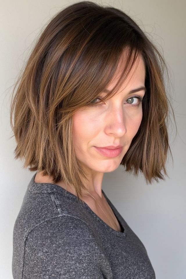 50+ Fantastic Short to Medium Layered Haircuts for That In-Between Length 2025 2 layered bob with bangs