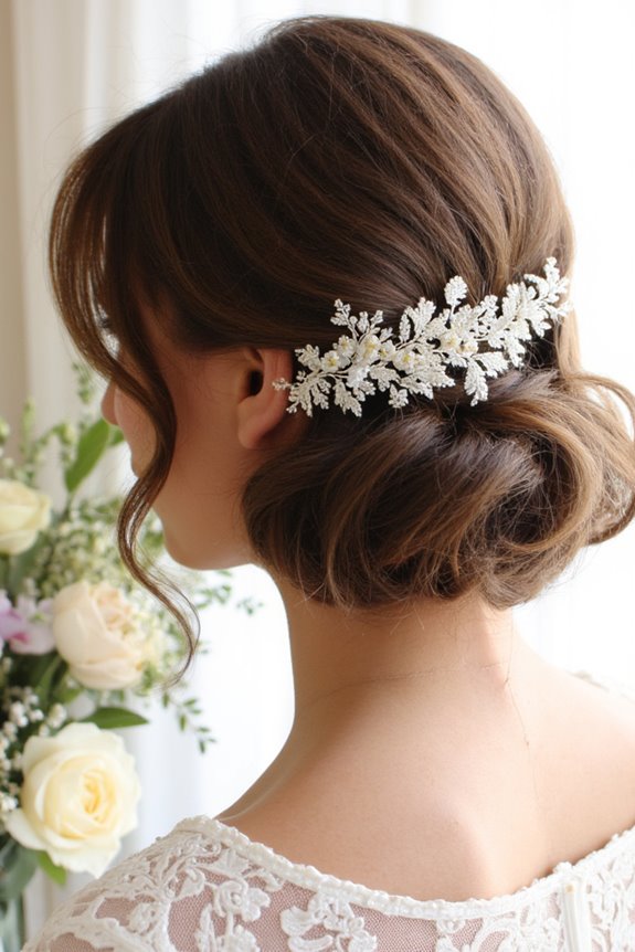 34+ Gorgeous Short Wedding Hairstyles and Bridal Hair Ideas in 2025 48 side swept waves with flowers
