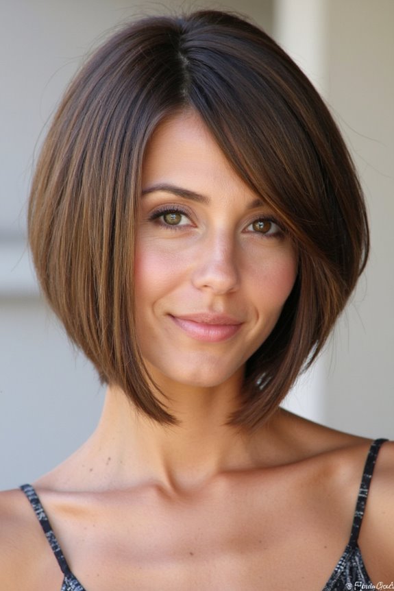 25+ Short, Light Brown Hair Ideas to Inspire Your Next Cut & Color for 2025 17 sleek angled bob hairstyle