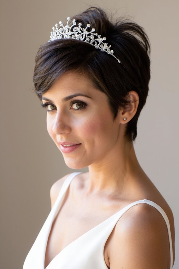 34+ Gorgeous Short Wedding Hairstyles and Bridal Hair Ideas in 2025 40 textured pixie with tiara