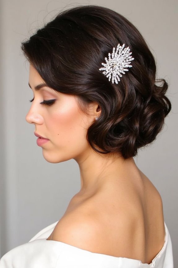 34+ Gorgeous Short Wedding Hairstyles and Bridal Hair Ideas in 2025 77 wavy crop with barrette